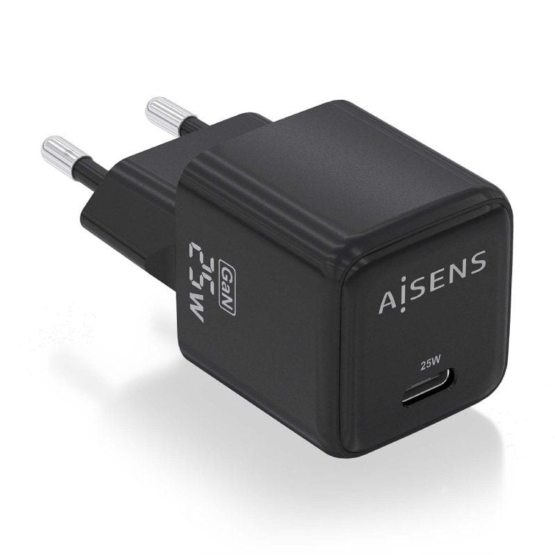 Cargador de Pared GaN Aisens ASCH-25W1P013-BK/ 1xUSB Tipo-C/ 25W