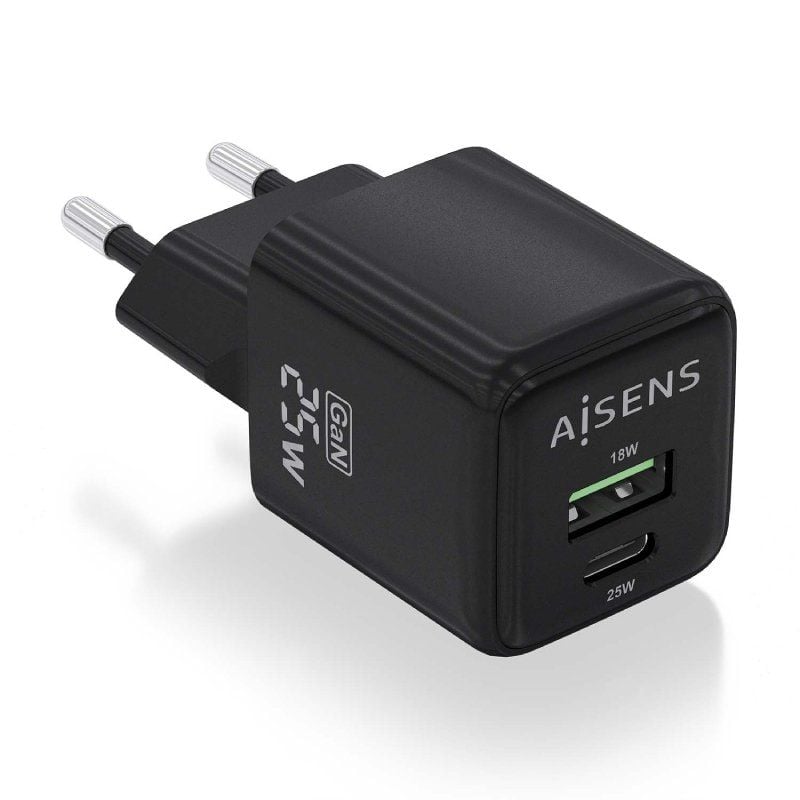Cargador de Pared GaN Aisens ASCH-25W2P015-BK/ 1xUSB Tipo-C/ 1xUSB/ 25W