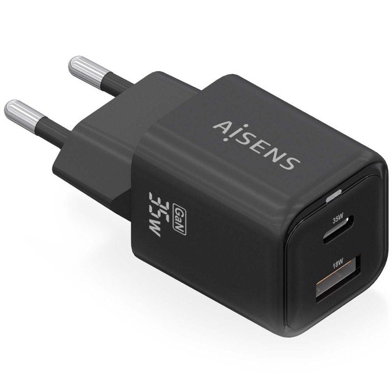 Cargador de Pared GaN Aisens ASCH-35W2P025-BK/ 1xUSB Tipo-C/ 1xUSB/ 35W