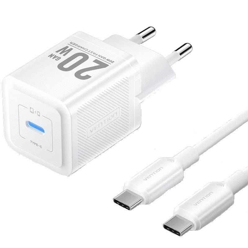 Cargador de Pared GaN Vention TZ-FEPW0-EU-01/ 1xUSB Tipo-C + Cable USB Tipo-C/ 20W